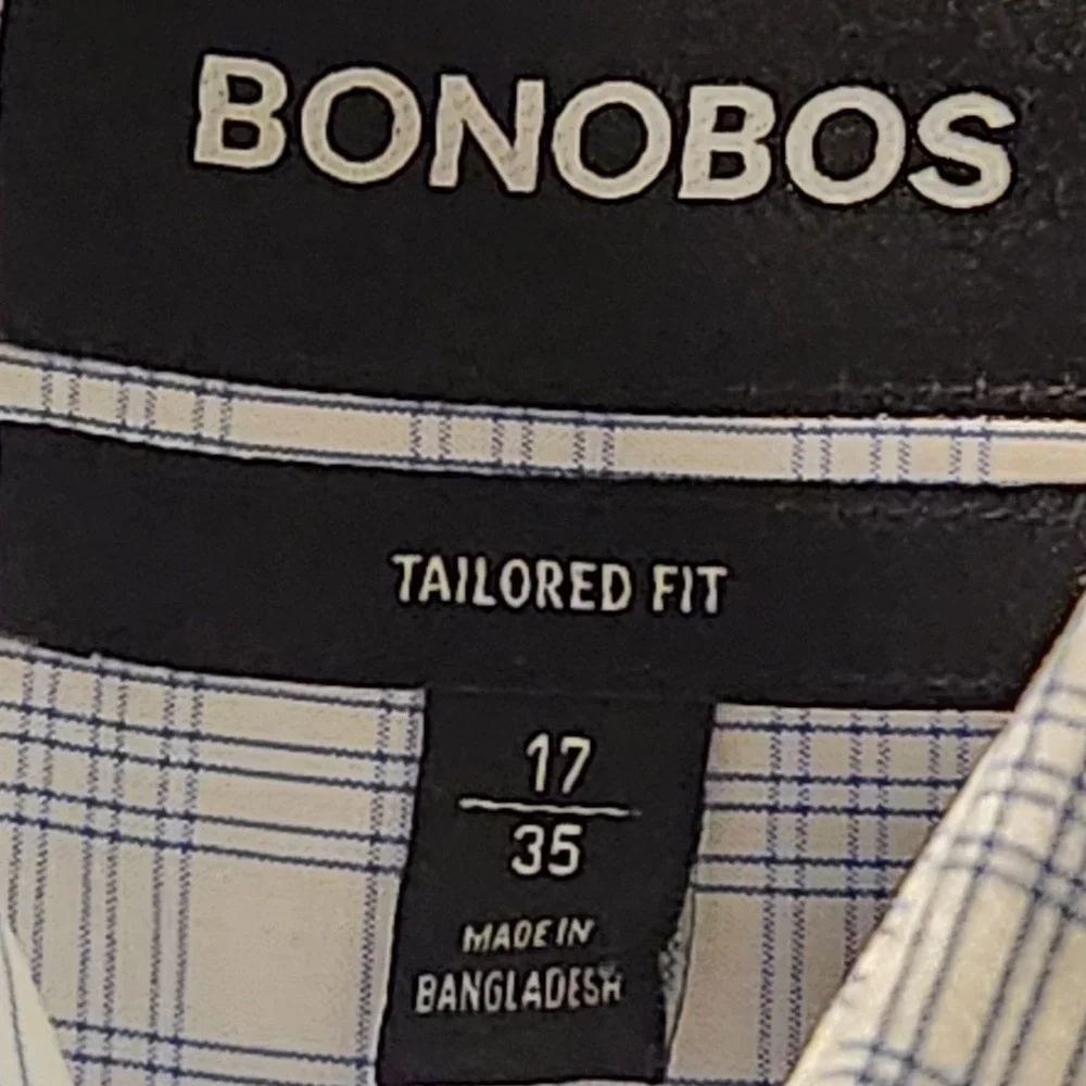 Bonobos Dress Shirt Men 17 35 Blue White Plaid Tailored Fit Long Sleve Button Up
